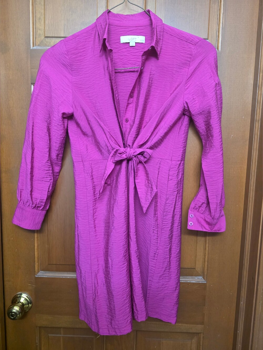 LOFT Fuchsia Tie-Front Long Sleeve Dress